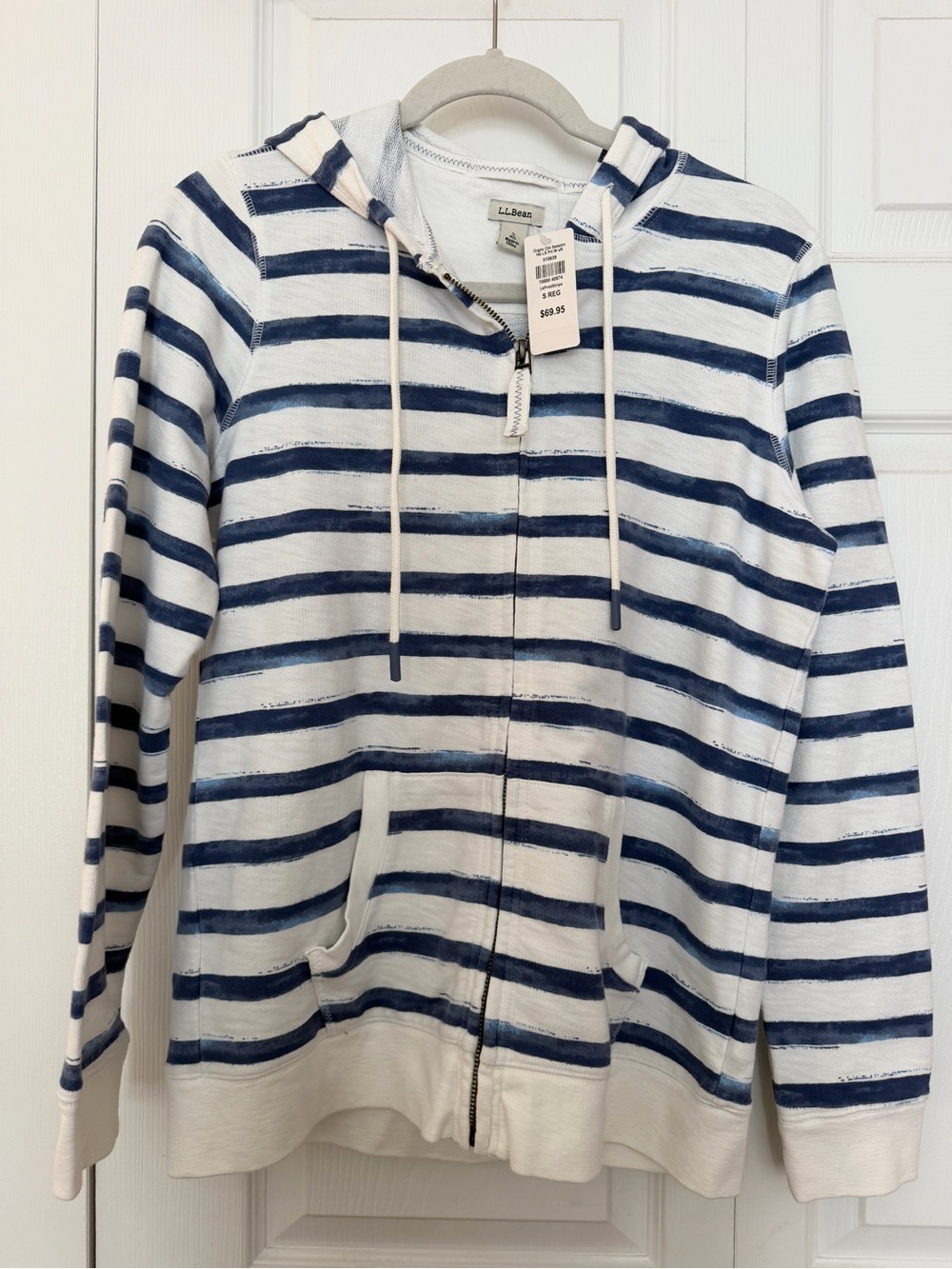 L.L. Bean Women's Navy and White Striped Zip Hoodie